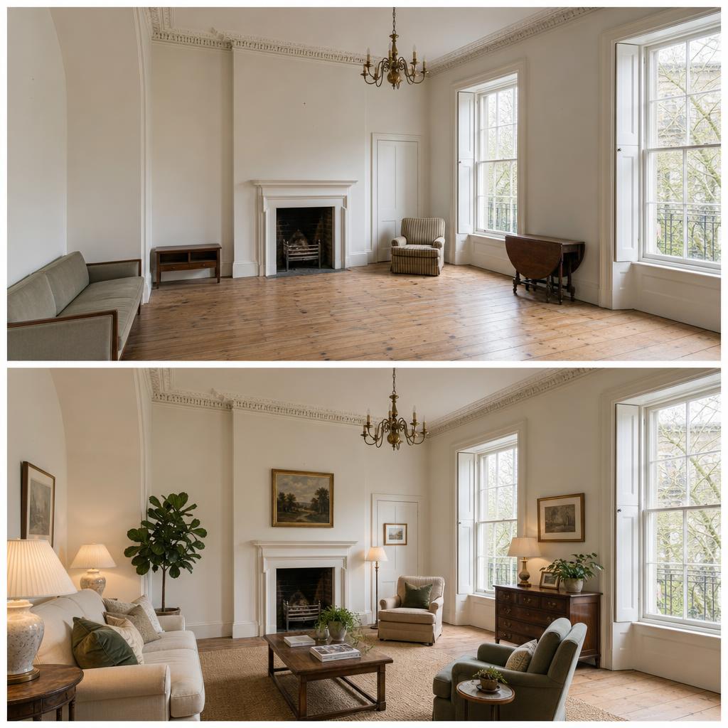 Illustrative before-and-after staging concept for a large Georgian living room